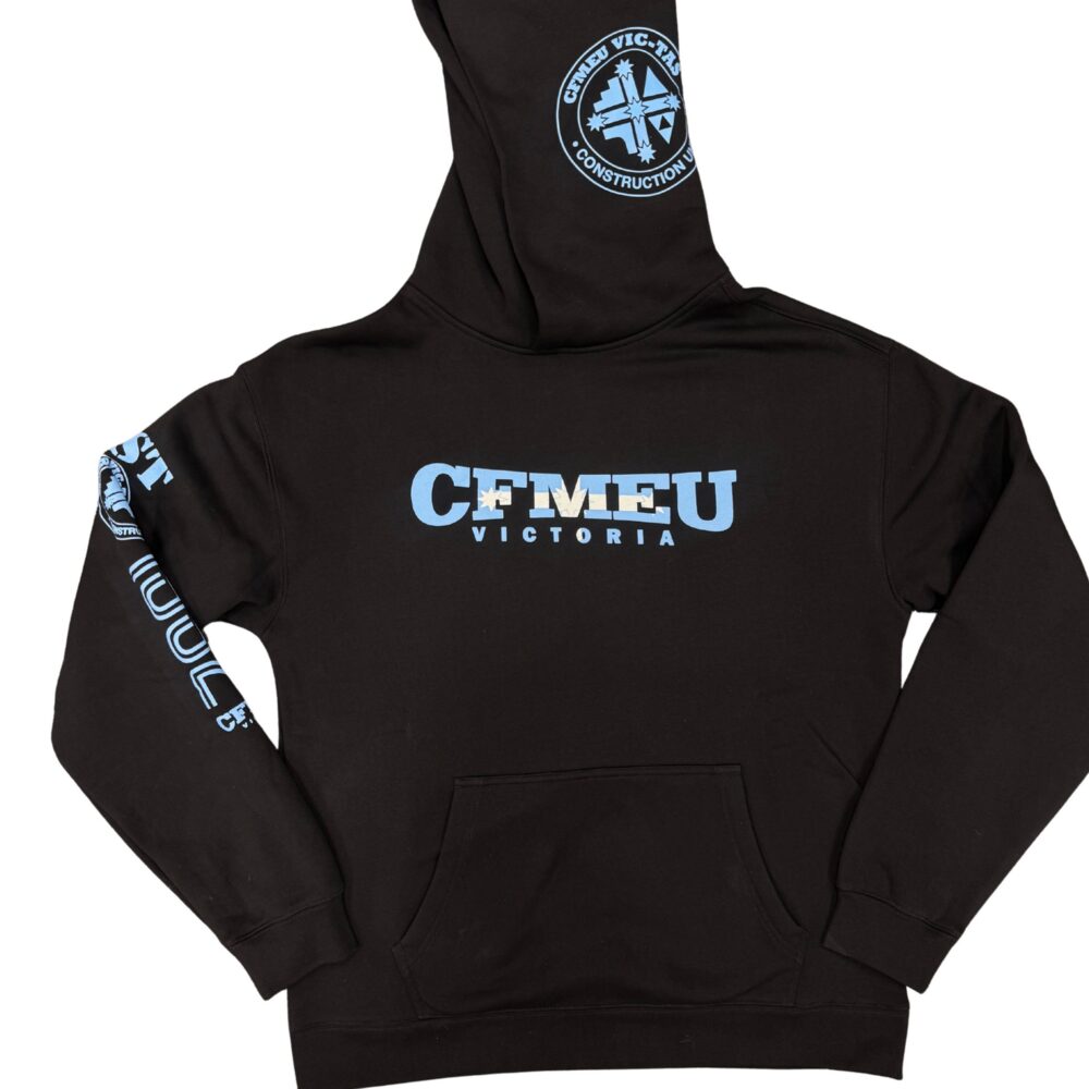 Black hoodie with a light blue circular emblem on the hood and blue text across the chest reading VICTORIA; blue graphics on the left sleeve.