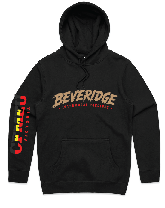 Black hoodie with beige BEVEREDGE branding across the chest reading 'Intermodal Precinct' and a vertical red wordmark along the left sleeve.