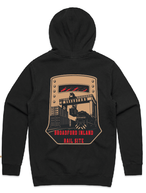 BROADFORD-BACKpng | CFMEU VIC & TAS Back view of a black hoodie with a large beige badge graphic showing a locomotive and train yard, with red 'BROADFORD INLAND RAIL SITE' text