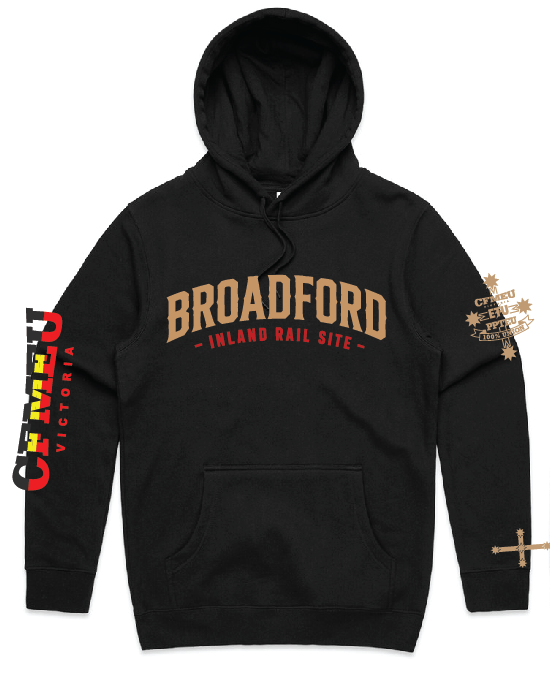 Black hoodie featuring the words 'BROADFORD Inland Rail Site' on the chest in tan and red, with decorative sleeve graphics including 'Victoria' text and starburst badges on the sleeves.