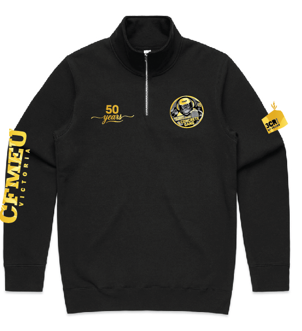 Black pullover sweatshirt featuring a half-zip collar and yellow-accented branding: a small '50 years' graphic on the left chest, a circular yellow-and-black badge nearby, and vertical yellow text along the left sleeve; a yellow patch on the right sleeve.