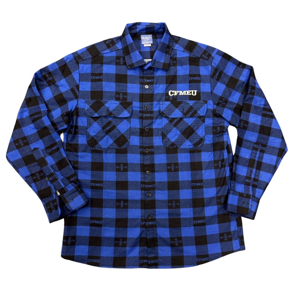 Blue and black plaid flannel shirt with two chest pockets and 'CFMEU' logos across the pattern, button-front style.