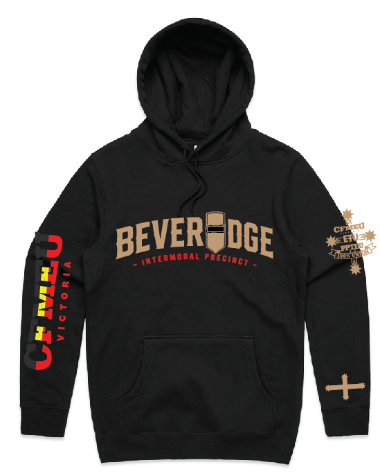 Black hoodie featuring a large 'BEVEREDGE' graphic across the chest with a coffee cup icon; left sleeve has vertical text, right sleeve shows a starburst badge; kangaroo pocket front.
