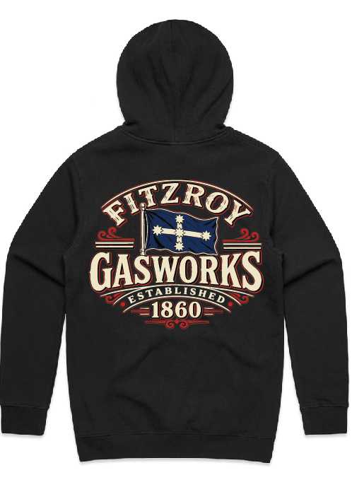 gasworks-backpng | CFMEU VIC & TAS Black hoodie showing a large graphic on the back that reads Fitzroy Gasworks Established 1860 with a flag motif and decorative red borders.