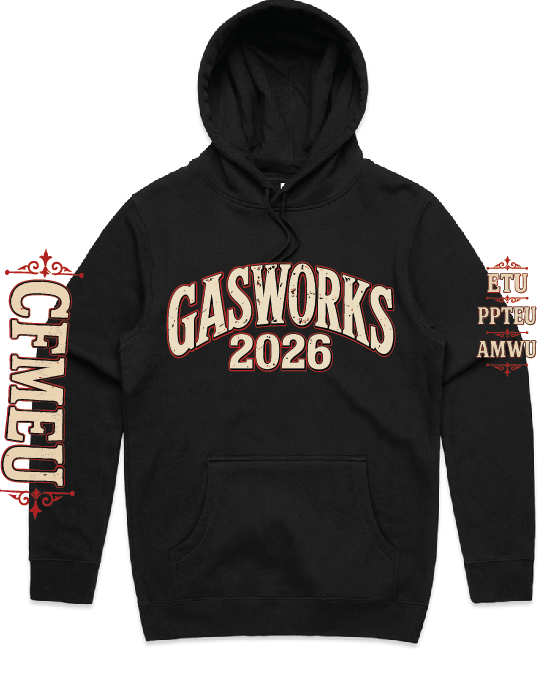 Black hoodie displaying a large 'GASWORKS 2026' graphic on the chest in cream and red, with decorative red lettering along the sleeves.