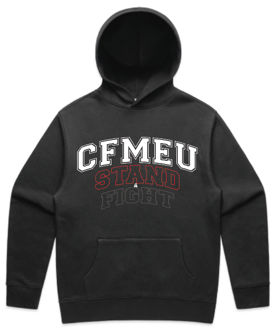 Black pullover hoodie with a front kangaroo pocket and a bold chest graphic: large white-outlined arched text above a red 'STAND' and faded 'FIGHT' beneath, with additional small text elements.
