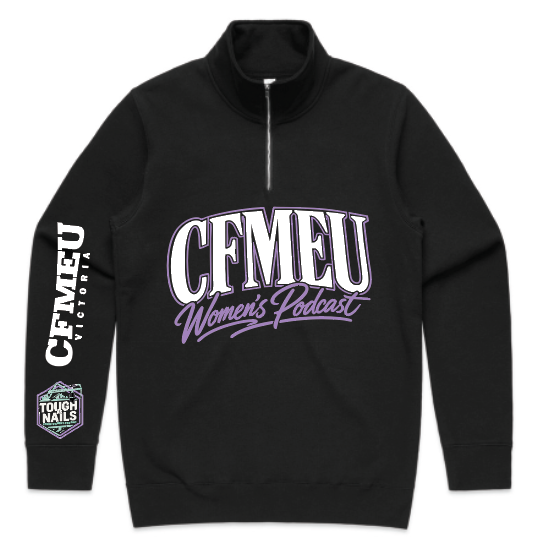Black pullover hoodie with a large 'CFMEU Women's Podcast' logo in white and purple on the chest; vertical 'CFMEU Victoria' text and a Tough Nails patch on the left sleeve.