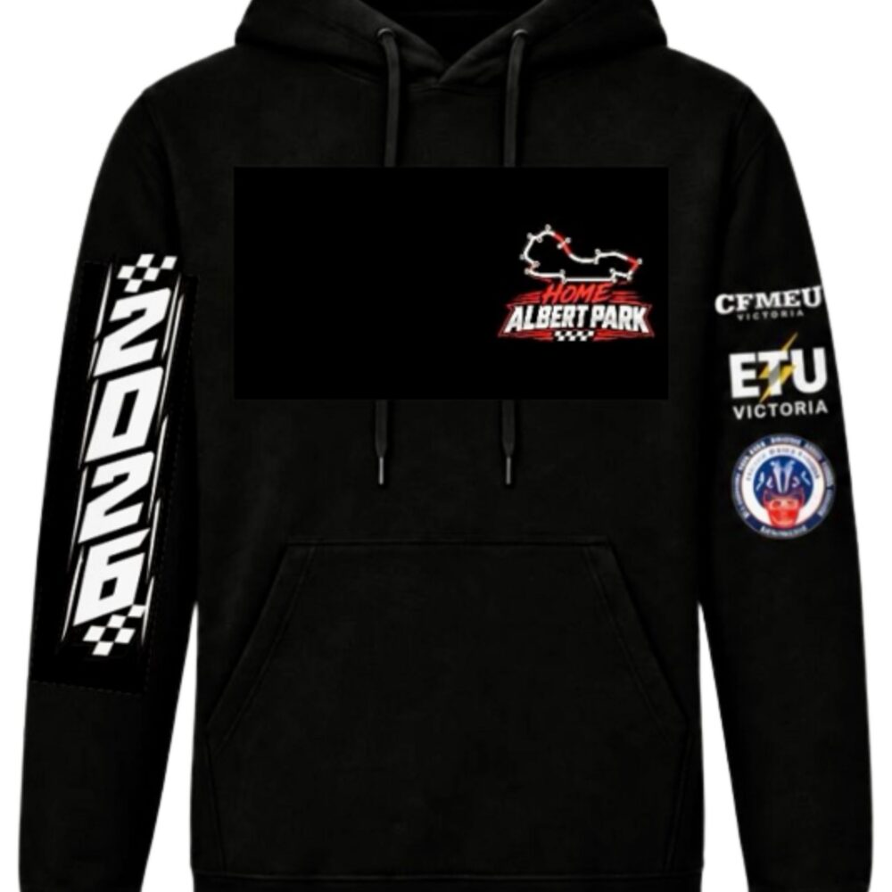 Black hoodie with racing-themed patches: a 'HOME ALBERT PARK' front graphic and sponsor logos on the sleeves.