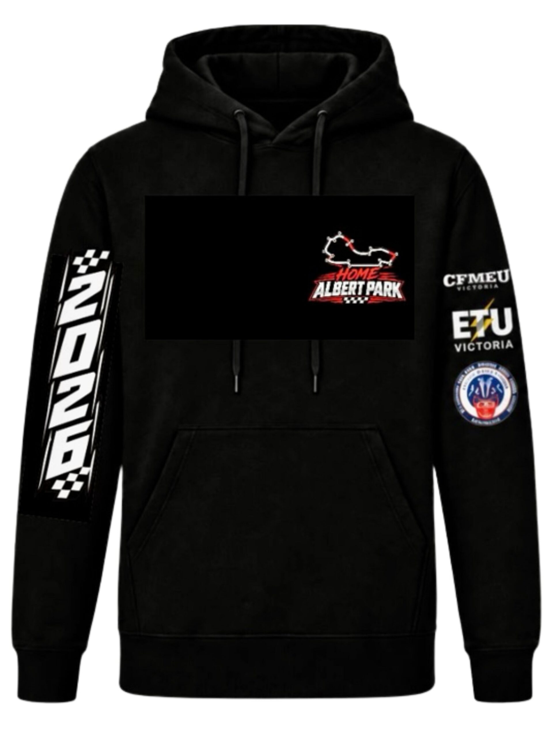 Albert-prk-frontjpg | CFMEU VIC & TAS Black hoodie with racing-themed patches: a 'HOME ALBERT PARK' front graphic and sponsor logos on the sleeves.
