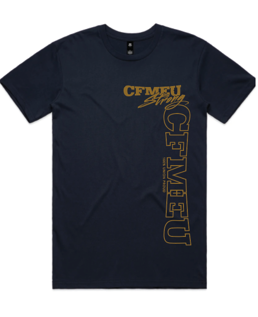Navy crew-neck T-shirt with vertical gold text along the right side and a gold script logo on the chest area. A simple, bold graphic design for casual wear.