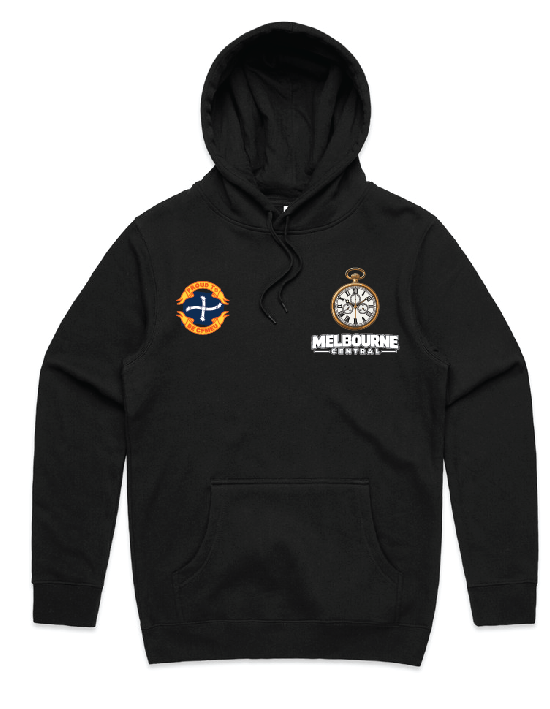 Black hoodie with two chest logos: an orange‑blue circular emblem on the left and a vintage stopwatch graphic with 'Melbourne Central' on the right, plus front pocket visible.