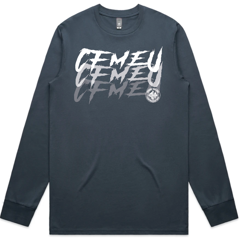 Dark blue long-sleeve shirt with a white, brush-stroke graphic spelling 'GENEU' across the chest and a circular logo near the bottom-right of the text.
