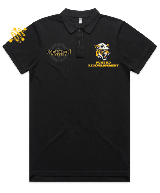 Black polo shirt with yellow logos: a circular CFMEU emblem on the left chest and a tiger mascot with yellow text on the right chest, plus a yellow graphic on the left sleeve.