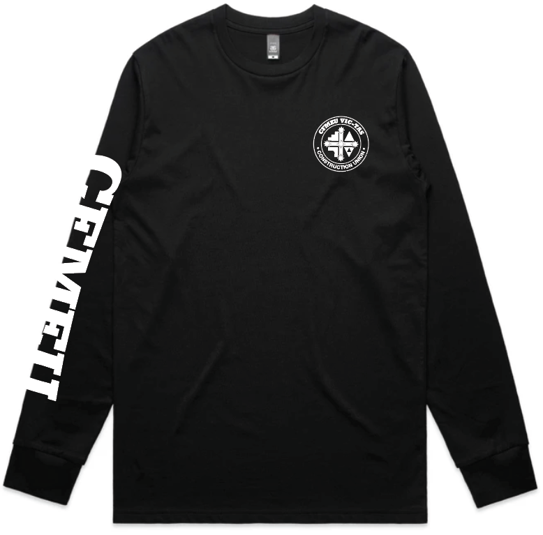 Black long-sleeve shirt with a white circular emblem on the left chest and large white vertical lettering down the left sleeve.