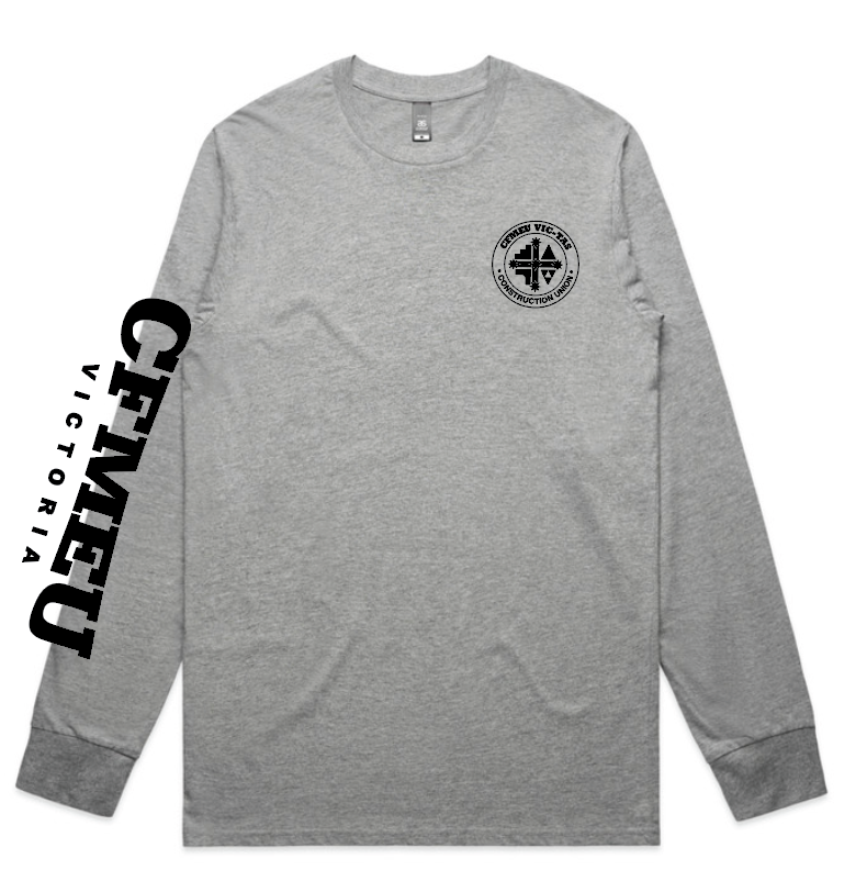 Gray long-sleeve shirt with a circular black emblem on the left chest and bold diagonal text along the left sleeve.