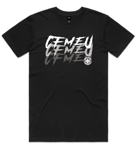 Black short-sleeve T-shirt with a white distressed 'CEMEU' graphic across the chest and a small circular emblem near the bottom-right of the text.