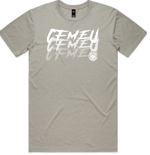Beige short-sleeve t-shirt with a bold white 'CENEU' graphic across the chest and a small circular emblem at the lower right of the text.